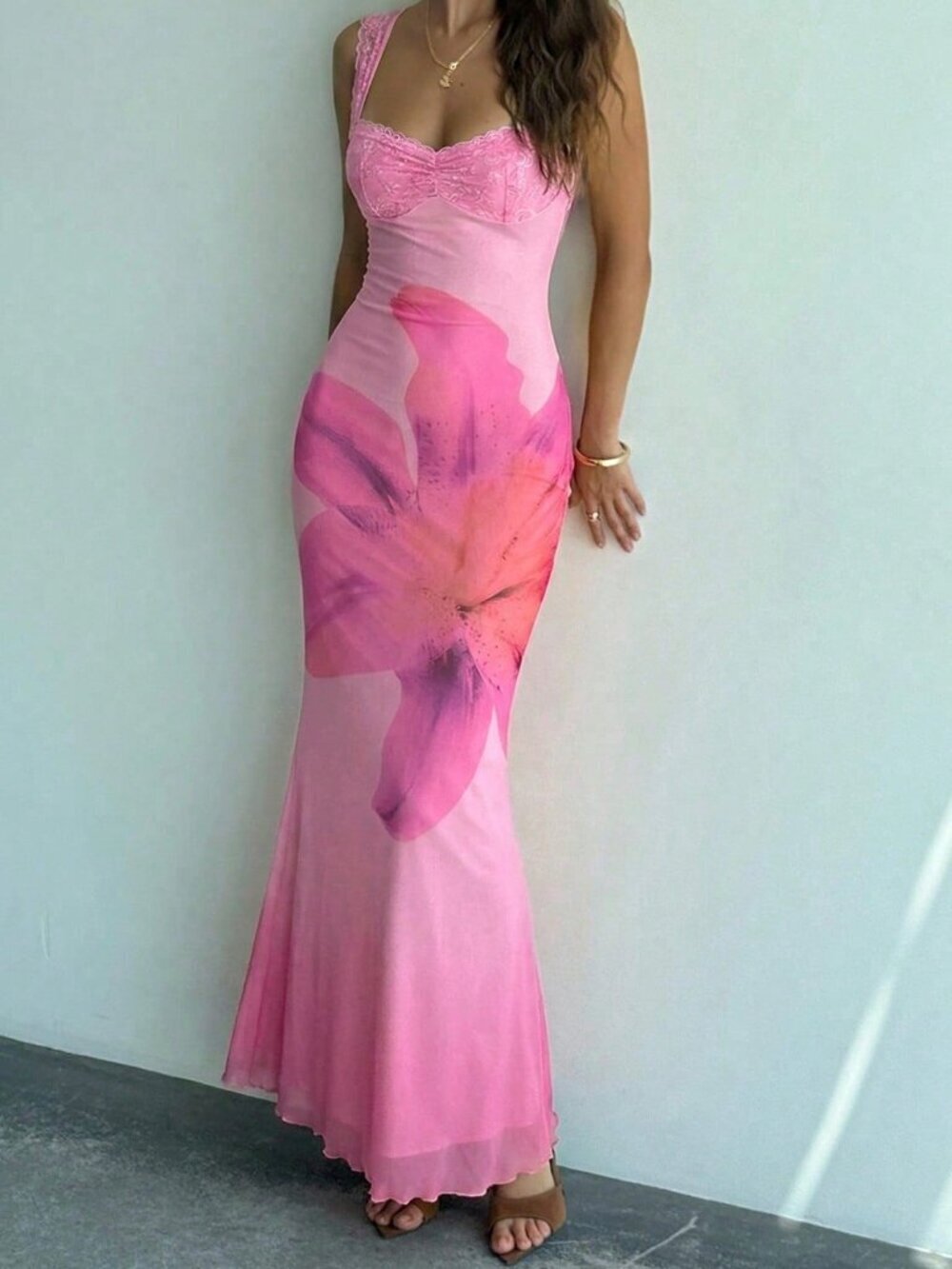 Pink Romantic Women's Floral Print Backless Bodycon Mesh Dress